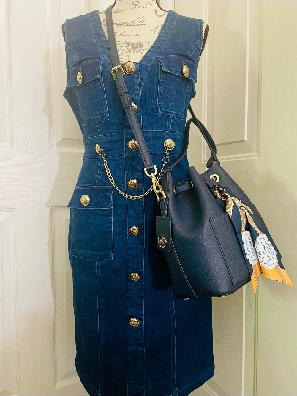 VENUS Dark Blue Denim Midi Dress with Gold Chain Detail
